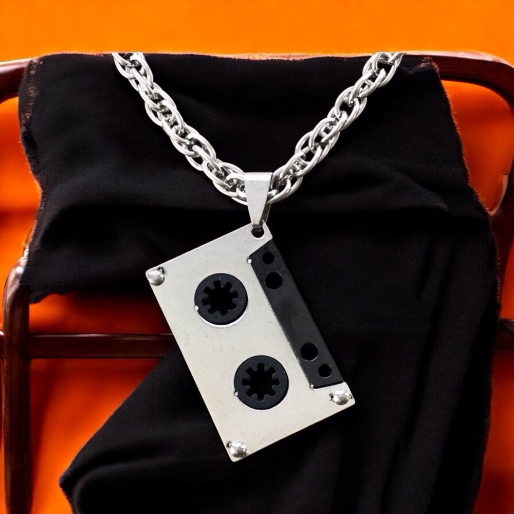 🆕 3D Cassette Pendent on Stainless Steel Chain Stainless Steel